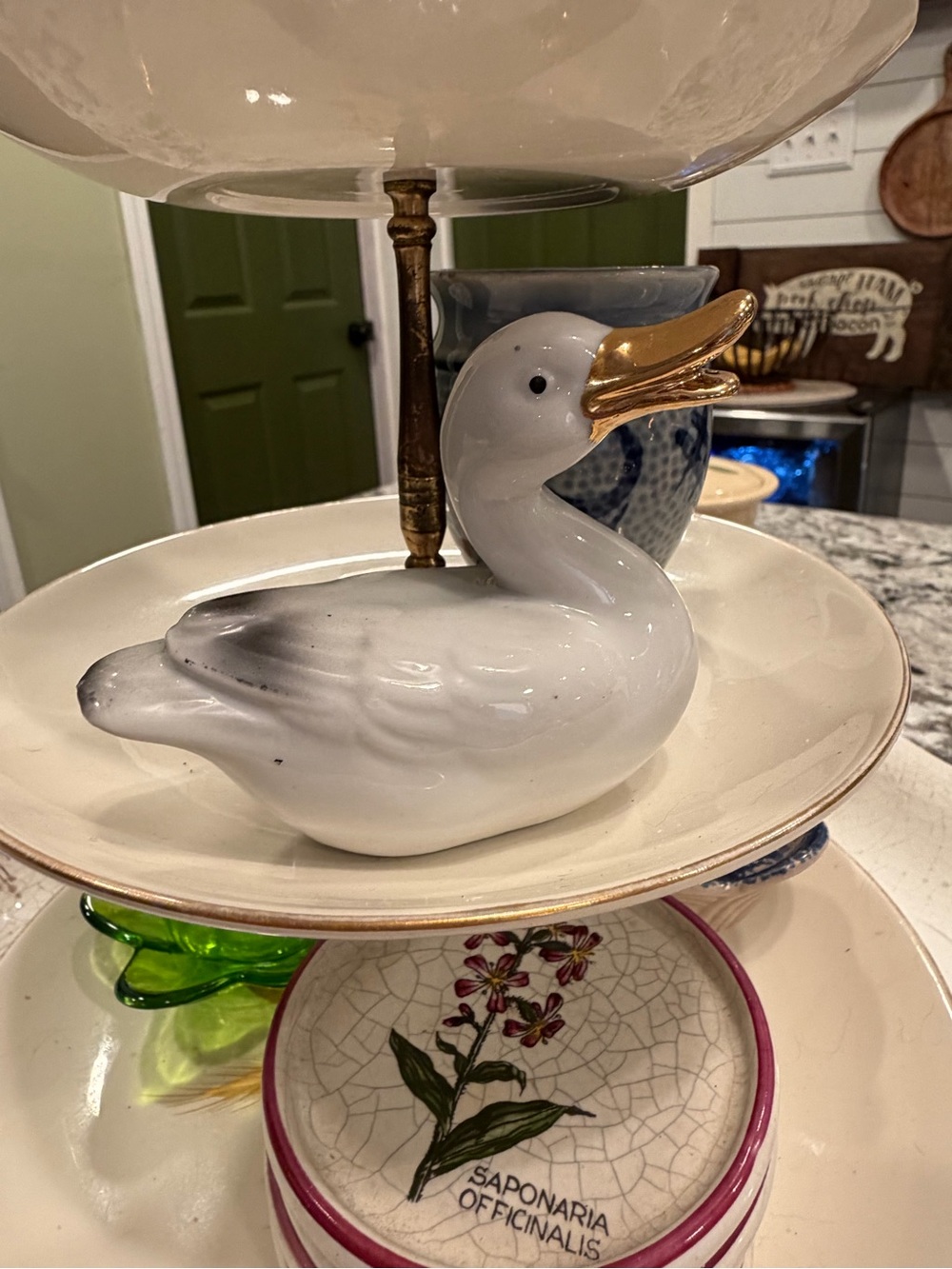 White Ceramic Duck Figurine with Gold Beak - Decorative Home Dining Accent